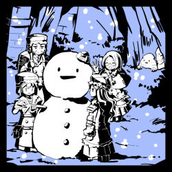  2boys 2girls armor backpack bag beard_stubble blue_theme buttons capelet character_hat_ornament closed_eyes closed_mouth coat commentary_request creature facial_hair gloves gunner_(sekaiju) gunner_1_(sekaiju) gunner_2_(sekaiju) gunner_3_(sekaiju) gunner_4_(sekaiju) hat jack_frost_(megami_tensei) land-k multiple_boys multiple_girls open_mouth pouch sekaiju_no_meikyuu sekaiju_no_meikyuu_2 short_hair smile snow_ghost_(sekaiju) snowing snowman stubble ushanka 