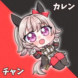  1girl animal_ears black_background black_boots black_coat black_dress blush boots character_name chibi coat commentary curren_chan_(umamusume) dress grey_hair hatsune_(pumpkin_pie) horse_ears horse_girl horse_tail looking_at_viewer medium_hair red_background red_thighhighs smile solo striped_clothes striped_dress tail thigh-highs two-tone_background umamusume violet_eyes zettai_ryouiki 
