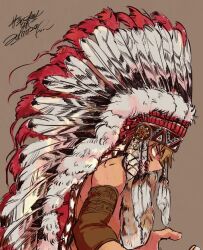  1boy alternate_costume arm_up bakugou_katsuki blonde_hair boku_no_hero_academia brown_background commentary detached_sleeves english_commentary facepaint feathers headdress highres ikapnmn2 male_focus native_american_clothes native_american_headdress profile protected_link red_eyes short_hair signature solo topless_male upper_body very_short_hair white_feathers 