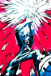  1boy arm_up bakugou_katsuki boku_no_hero_academia boots clenched_teeth collared_shirt commentary_request explosion full_body glaring hair_between_eyes hand_on_own_wrist highres ikapnmn2 looking_at_viewer male_focus open_collar pants protected_link red_background red_eyes sanpaku shirt short_hair signature simple_background solo spiky_hair teeth three-quarter_sleeves u.a._gym_uniform 