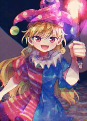  1girl american_flag american_flag_dress american_flag_print blonde_hair blush clownpiece dress fairy fairy_wings flag_print hat holding holding_torch itomugi-kun jester_cap long_hair looking_at_viewer neck_ruff open_mouth polka_dot_headwear purple_hat red_eyes short_sleeves smile solo star_(symbol) star_print striped_clothes striped_dress torch touhou very_long_hair wings 