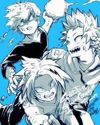  3boys angry bakugou_katsuki blue_background boku_no_hero_academia commentary drawstring english_commentary english_text furious greyscale_with_colored_background hood hood_down hoodie ikapnmn2 kaminari_denki kirishima_eijiro male_focus multicolored_hair multiple_boys open_mouth pants parted_hair protected_link running sharp_teeth shirt short_hair simple_background spiky_hair splatoon_(series) streaked_hair teeth throwing v-neck very_short_hair wide-eyed 