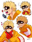  1boy black_mask blonde_hair blush boku_no_hero_academia eating eating_hair eye_mask fat_gum_(boku_no_hero_academia) food gloves grin hand_on_own_chin heart highres holding holding_food hood hood_down hooded_jacket jacket long_sleeves looking_at_viewer male_focus monu multiple_views open_mouth red_gloves short_hair simple_background smile tongue translation_request white_background yellow_jacket zipper_pull_tab 