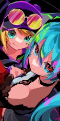  2girls absurdres alternate_costume aqua_eyes aqua_hair aqua_nails bare_shoulders baseball_cap blonde_hair breasts dress eyewear_on_head gimmexgimme_(vocaloid) grey_dress hat hatsune_miku highres hood hoodie kagamine_rin kasaki_sakura long_hair looking_at_viewer multicolored_eyes multiple_girls neon_palette purple_hat purple_hoodie short_hair small_breasts smile tongue tongue_out twintails vocaloid 
