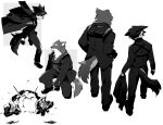  2boys anger_vein animal_ears arknights bishounen brothers capone_(arknights) chibi explosion formal full_body furry gambino_(arknights) glasses gloves iwashi_80 male_focus multiple_boys siblings simple_background suit tail white_background wolf_boy wolf_ears wolf_tail 