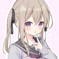  1girl black_ribbon black_sailor_collar blush brown_hair cardigan commentary grey_cardigan hair_ribbon hanazora_satsuki heart highres index_finger_raised long_hair long_sidelocks looking_at_viewer neckerchief open_cardigan open_clothes original outline pink_background purple_neckerchief raised_inner_eyebrows ribbon sailor_collar school_uniform serafuku sidelocks simple_background solo sparkle twintails upper_body violet_eyes white_outline 