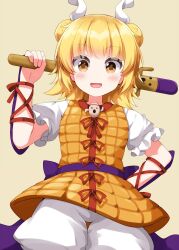  1girl armor armored_dress blonde_hair blush commentary_request double_bun dress hair_bun hair_ribbon haniwa_(statue) highres joutouguu_mayumi looking_at_viewer medium_hair open_mouth puffy_short_sleeves puffy_sleeves ribbon ruu_(tksymkw) short_hair short_sleeves simple_background smile solo touhou vambraces white_ribbon yellow_armor yellow_background yellow_dress yellow_eyes 