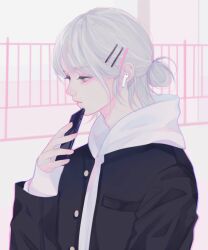  1boy androgynous black_jacket buttons cellphone closed_mouth hair_bun hair_ornament hairclip highres holding holding_phone hood hood_down hoodie jacket jacket_over_hoodie long_sleeves male_focus nose original parallel_hairclips phone profile single_hair_bun smartphone solo upper_body uyumint white_hair white_hoodie wireless_earphones 