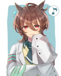  1girl agnes_tachyon_(tach-nology)_(umamusume) agnes_tachyon_(umamusume) ahoge animal_ears black_necktie blush brown_hair closed_mouth coat earrings hair_between_eyes highres horse_ears horse_girl jewelry lab_coat long_sleeves manngoham musical_note necktie red_eyes shirt short_necktie single_earring sleeves_past_fingers sleeves_past_wrists smile solo spoken_musical_note sweater sweater_vest umamusume upper_body white_coat yellow_sweater yellow_sweater_vest 