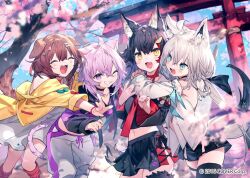  4girls animal_ears black_hair brown_hair bukurote cat_tail cherry_blossoms cropped_jacket dog_tail hololive inugami_korone multiple_girls nekomata_okayu ookami_mio purple_hair shirakami_fubuki tail torii white_hair 