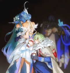  2girls 3boys absurdres ahoge alyosha_(genshin_impact) arm_strap armor artist_name back bare_back bare_shoulders black_background black_gloves black_hair black_jacket blue_gloves blue_hair blue_jacket blue_pants blue_scarf blurry blurry_background braid cape carrying carrying_person cup desasprio detached_sleeves disposable_cup dress drinking drinking_straw drinking_straw_in_mouth earmuffs english_commentary feathers feet_out_of_frame flower freckles from_behind fur-trimmed_cape fur_trim genshin_impact gloves gradient_background gradient_hair green_hair grey_cape hair_between_eyes hair_bun hair_flower hair_ornament half_up_braid highres holding holding_cup hood hooded_cape jacket kiss long_hair long_sleeves meme middle_finger military_jacket military_uniform mitya_(genshin_impact) multicolored_hair multiple_boys multiple_girls odette_(genshin_impact) otp_and_the_third_wheel_best_friend_(meme) pants puffy_detached_sleeves puffy_long_sleeves puffy_sleeves purple_hair scarf short_hair shoulder_armor simple_background sleeveless sleeveless_dress squatting standing strapless strapless_dress streaked_hair two-tone_hair valeriy_(genshin_impact) very_long_hair vodyanitsa_(genshin_impact) white_cape white_dress white_flower white_hair white_sleeves yellow_eyes yuri 
