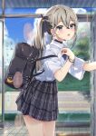  1girl bag bangs blue_sky blush bow bus_stop clouds collared_shirt crescent day grey_eyes grey_hair grey_skirt hair_between_eyes hair_bow highres long_hair looking_at_viewer looking_to_the_side maruma_(maruma_gic) open_mouth original outdoors pixelated plaid plaid_skirt pleated_skirt purple_bow school_bag school_uniform shirt short_sleeves side_ponytail skirt sky solo white_shirt 