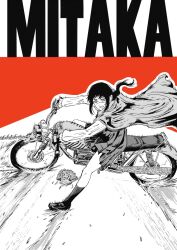  1girl akira_(manga) akira_slide cape chainsaw chainsaw_man clenched_teeth commentary_request dress full_body gloves greyscale_with_colored_background highres k.rikina loafers low_ponytail medium_dress motor_vehicle motorcycle on_motorcycle parody ponytail red_background shoes socks solo teeth yoru_(chainsaw_man) 