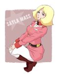  1girl belt blonde_hair boots breasts full_body gundam highres looking_at_viewer miki_(miki125dragon) military military_uniform mobile_suit_gundam open_mouth pantyhose sayla_mass short_hair skirt solo uniform violet_eyes 