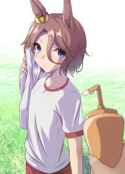  1girl 1other animal_ears blue_eyes bottle brown_hair gym_shirt hair_between_eyes highres holding holding_bottle holding_towel horse_ears horse_girl looking_at_viewer narita_taishin_(umamusume) okatora red_shorts shirt short_hair short_sleeves shorts solo_focus sports_bottle sweat towel tracen_training_uniform trainer_(umamusume) umamusume white_shirt 