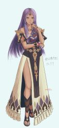  1girl bare_shoulders blue_background blue_sash bracelet circlet commentary_request dress fianna_(fire_emblem) fire_emblem fire_emblem:_fortune's_weave full_body hand_to_own_mouth highres jewelry long_hair multicolored_dress nakedofficer necklace purple_hair sandals sash simple_background violet_eyes 