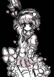  1girl armband blush flower glaive_(polearm) hair_flower hair_ornament hairband holding holding_weapon looking_at_viewer magical_girl mahou_shoujo_ikusei_keikaku natumi7ka open_mouth pink_hair polearm sailor_collar school_uniform short_hair skirt smile snow_white_(mahoiku) solo thigh-highs weapon white_flower white_thighhighs yellow_eyes 