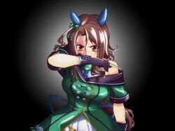  1girl animal_ears bare_shoulders black_gloves bow breasts brown_hair buttons coat double-breasted dress ear_bow ear_covers ear_ribbon epsilon_h gloves green_bow green_dress highres horse_ears horse_girl horse_tail king_halo_(king_of_emeralds)_(umamusume) king_halo_(umamusume) large_breasts long_hair looking_at_viewer off-shoulder_coat off-shoulder_dress off_shoulder red_eyes solo tail umamusume 