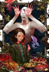  1boy 2girls blue_shirt brown_hair brown_jacket cherry closed_mouth commentary crab english_commentary fairy food fruit grapes hand_eye highres jacket jessica_fong lemon medium_hair multiple_girls ofelia open_mouth orange_(fruit) orange_slice pale_man pan's_labyrinth red_eyes roast_chicken shirt tomato tomato_slice 