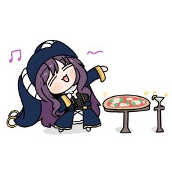  1girl basil_leaf cheese dress food hat highres jester_cap long_hair long_sleeves magical_girl mahou_shoujo_madoka_magica mahou_shoujo_madoka_magica:_walpurgis_no_kaiten margherita_pizza nepnepping open_mouth pizza purple_hair simple_background skirt smile solo tomato wasu_(madoka_magica) wasu_(majokko)_(2nd_form)_(madoka_magica) white_background 