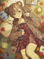  1girl animal_ear_headband animal_ears autumn_leaves bear_ears blanket blush braid brown_cardigan brown_hair brown_thighhighs buttons cardigan cat commentary_request creepyday diary dress fake_animal_ears feet_out_of_frame floral_print ginkgo_leaf glasses green_eyes headband highres holding holding_stylus holding_tablet_pc knitting_needle korean_commentary leaf long_sleeves looking_at_viewer lying needle on_back open_mouth original pillow red_dress short_hair smile solo stuffed_animal stuffed_toy stylus tablet_pc teddy_bear thigh-highs yarn yarn_ball 