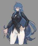  1girl ahoge alternate_costume bangs blue_hair blue_nails breasts cleavage_cutout closed_mouth clothing_cutout crop_top grey_background hair_between_eyes hinanawi_tenshi joker_(stjoker) long_hair long_sleeves medium_breasts pants red_eyes simple_background solo touhou white_pants 