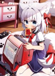  1girl ahoge animal_ear_fluff animal_ears backpack bag blue_eyes blush bow bread bread_slice collared_shirt food food_in_mouth fox_ears fox_girl fox_tail highres holding indoors looking_at_viewer moepu. mouth_hold open_bag original randoseru red_bag red_bow school_uniform shirt short_sleeves sitting skirt solo tail thigh-highs toast toast_in_mouth white_hair white_shirt white_thighhighs wooden_floor 