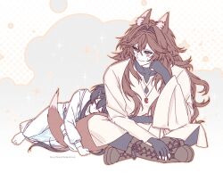  1boy 1girl animal_ear_fluff animal_ears barefoot black_hair black_shirt blush boots broom brown_boots character_name closed_mouth collarbone crossed_bangs degrees_of_lewdity double-parted_bangs dress facing_ahead fingerless_gloves fish_skeleton_hair_ornament fox_boy fox_ears fox_tail freckles full_body gloves green_eyes gwylan_(degrees_of_lewdity) gwylan_(male)_(degrees_of_lewdity) hair_between_eyes hair_intakes hair_ornament hand_up head_rest hetero highres hugging_another's_tail hugging_tail indian_style jewelry lace-up_boots legs_together long_dress long_hair long_sidelocks long_sleeves looking_at_another lying magatama magatama_necklace namelesswithfox necklace notched_neckline on_side one_eye_closed orange_outline outline player_character_(degrees_of_lewdity) player_character_(female)_(degrees_of_lewdity) robe shirt sidelocks simple_background sitting sleeping smile sweatdrop tail turning_head very_long_sidelocks wavy_hair white_dress white_robe wide_sleeves 