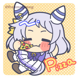  =_= animal_ears chibi commentary_request dotted_background eating food food_name full_body grey_hair hatsune_(pumpkin_pie) hishi_miracle_(umamusume) holding holding_food holding_pizza horse_ears horse_girl horse_tail pizza school_uniform tail tracen_school_uniform umamusume yellow_background 