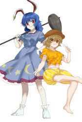 2girls :3 absurdres agaboidesudesu animal_ears barefoot blonde_hair blue_dress blue_hair border brown_hat buttons closed_mouth commentary_request crescent_print dango dot_nose dress earclip eating flat_cap floppy_ears food full_body hand_on_own_hip hand_up hat highres holding holding_food holding_mallet holding_skewer invisible_chair kine looking_at_viewer mallet medium_hair midriff moon_print multiple_girls navel orange_shirt puffy_short_sleeves puffy_sleeves rabbit_ears rabbit_girl red_eyes ringo_(touhou) sanshoku_dango seiran_(touhou) shirt short_hair short_sleeves shorts sidelocks simple_background sitting skewer smile standing star_(symbol) star_print striped_clothes striped_shorts touhou vertical-striped_clothes vertical-striped_shorts wagashi white_background white_border yellow_shorts zun_pose 