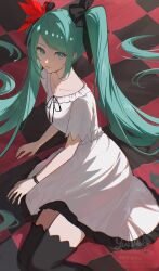  1girl absurdres aqua_eyes aqua_hair black_ribbon black_thighhighs checkered_floor collarbone commentary_request dress feet_out_of_frame hair_ribbon hatsune_miku hatsune_miku_(supreme) highres long_hair ribbon solo thigh-highs twintails very_long_hair vocaloid white_dress yukihira_makoto 