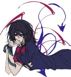  1girl asymmetrical_wings black_hair blue_wings bow closed_mouth commentary_request dubiansuhai expressionless highres houjuu_nue looking_at_viewer lying on_stomach red_bow red_wings simple_background snake_armband solo touhou white_background wings 