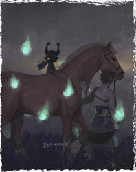 1boy 1girl brown_hair commentary english_commentary epona grass highres horse horseback_riding link midna midna_(imp) riding short_hair st_hedge the_legend_of_zelda the_legend_of_zelda:_twilight_princess twilight walking will-o'-the-wisp_(mythology) 