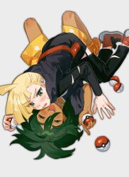  2boys :d bag black_hoodie black_pants black_shirt blonde_hair blush closed_eyes commentary_request dark-skinned_male dark_skin ear_piercing embarrassed fanny_pack fua1heyvot4ifsr full_body gladion_(pokemon) green_eyes green_hair grey_background hair_down hair_over_one_eye hau_(pokemon) highres hood hoodie looking_at_another lying male_focus multiple_boys on_back on_stomach open_mouth orange_sandals pants piercing poke_ball pokemon pokemon_sun_and_moon ponytail red_bag red_shoes sandals shirt shoes shorts simple_background smile torn_clothes torn_pants tripping yellow_shorts 