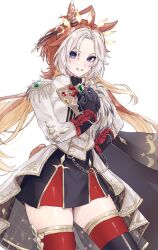  1girl ahoge animal_ears ascot black_ascot black_boots black_gloves black_skirt blue_eyes blush boots cape colored_bangs ear_covers gem gloves gnu36 green_gem highres horse_ears horse_girl horse_tail jacket long_hair long_sleeves looking_at_viewer multicolored_hair open_mouth orange_hair orfevre_(control)_(umamusume) orfevre_(umamusume) red_thighhighs single_ear_cover skirt smile solo tail thigh-highs thigh_boots two-tone_hair umamusume white_hair white_jacket 