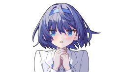  1girl 4rion blue_eyes blue_hair blue_hairband blush buttons cevio collared_shirt commentary_request dot_nose hair_between_eyes hairband hands_up highres jacket lapels long_sleeves looking_at_viewer parted_lips portrait shirt sidelocks simple_background solo straight-on suzuki_tsudumi transparent_background white_jacket white_shirt 