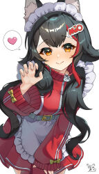  1girl absurdres alternate_costume animal_ear_fluff animal_ears apron arm_up artist_logo belt black_hair bow breasts brown_eyes claw_pose closed_mouth commentary_request crossed_bangs double-parted_bangs feet_out_of_frame grey_belt heart highres hololive jacket jersey_maid large_breasts leaning_forward light_blush logo long_hair long_sleeves looking_at_viewer maid maid_apron maid_headdress naftyiyo11 name_tag_hair_ornament ookami_mio red_hair red_jacket red_skirt simple_background single_hair_streak skirt sleeve_bow smile solo speech_bubble split_mouth spoken_heart unconventional_maid very_long_hair virtual_youtuber white_apron white_background white_trim wide_sleeves wolf_ears wolf_girl yellow_bow zipper 