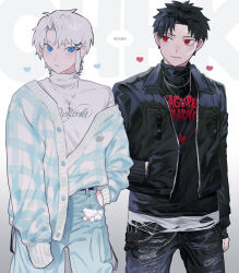  2boys :< absurdres alternate_costume black_hair black_pants black_shirt blue_cardigan blue_eyes blue_pants breast_pocket cardigan chain chain_necklace charm_(object) commentary_request copyright_name cowboy_shot english_text gradient_background hand_in_pocket heart6_6station highres jacket jewelry kagurabachi leather leather_jacket light_blush light_smile looking_at_viewer looking_to_the_side male_focus multiple_boys necklace pairing_name pants partially_open_cardigan pendant plaid_cardigan plaid_clothes pocket red_eyes rokuhira_chihiro sazanami_hakuri shirt short_hair simple_background single_sidelock sleeves_past_fingers sleeves_past_wrists stuffed_animal stuffed_cat stuffed_dog stuffed_toy torn_clothes torn_pants torn_shirt translation_request turtleneck two-tone_cardigan very_short_hair wallet_chain white_background white_cardigan white_hair white_shirt zipper 