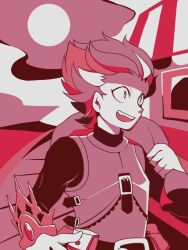  1boy armor bag belt belt_buckle belt_pouch bodysuit buckle commentary_request constricted_pupils fortress_(sekaiju) fortress_3_(sekaiju) holding holding_bag land-k looking_ahead male_focus monochrome open_mouth pouch red_theme sekaiju_no_meikyuu sekaiju_no_meikyuu_4 short_hair smile solo spiky_hair teeth upper_body upper_teeth_only 