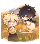  2boys @_@ aether_(genshin_impact) bangs black_hair blonde_hair blush braid brown_hair chibi day earrings flying_sweatdrops genie genshin_impact gradient_hair hair_between_eyes highres holding jewelry long_hair male_focus multicolored_hair multiple_boys oil_lamp open_mouth orange_eyes outdoors parted_lips single_braid single_earring standing sxiaojun01282 zhongli_(genshin_impact) 