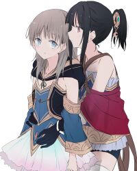  2girls atelier_(series) atelier_meruru bare_shoulders belt black_gloves black_hair black_hood black_shorts blue_eyes blue_skirt blush brown_belt closed_mouth commentary cowboy_shot crossed_belts detached_hood detached_sleeves eye_contact flat_chest frilled_shirt frills from_side gloves gold_trim grabbing_from_behind gradient_clothes gradient_skirt grey_hair hands_on_another's_waist high_ponytail highres hood hood_down long_hair looking_at_another looking_to_the_side maromi_(am97) mimi_houllier_von_schwarzlang missing_headwear multiple_girls off_shoulder parted_lips ponytail red_eyes red_shirt shirt shorts sidelocks skirt sleeveless sleeveless_shirt thigh-highs totooria_helmold white_background white_thighhighs yuri 