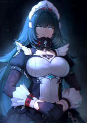  1girl aqua_gem black_background blonde_hair breasts closed_mouth commentary danica_(genshin_impact) dire_illus dress frilled_headwear gem genshin_impact gloves green_eyes green_hair highres long_hair long_sleeves looking_at_viewer maid maid_headdress multiple_girls puffy_sleeves very_long_hair white_headdress 