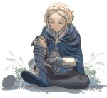  1girl adjusting_footwear bangs black_pants blonde_hair blue_cloak boots braid cloak fingerless_gloves full_body gloves grass hair_ornament hairclip highres looking_down maze_draws pants parted_bangs pointy_ears princess_zelda short_hair sidelocks sitting solo the_legend_of_zelda the_legend_of_zelda:_breath_of_the_wild thick_eyebrows white_background 