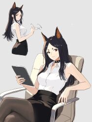  1girl absurdres animal_ears arknights bare_arms bare_shoulders black_choker black_hair black_skirt brown_eyes brown_pantyhose chair chinese_commentary choker closed_mouth collared_shirt commentary_request crossed_legs dobermann_(arknights) glasses grey_background highres holding long_hair multiple_views office_lady on_chair open_collar pantyhose parted_bangs pencil_skirt shirt simple_background sitting skirt sleeveless sleeveless_shirt unworn_eyewear white_shirt yiwuyishi 