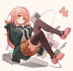  1girl 1other backpack bag bangs black_thighhighs blurry book breasts buttons carrying_bag ciloranko danganronpa_(series) depth_of_field expressionless floating green_jacket hand_on_own_chest highres hood hooded_jacket jacket light_blush long_jacket looking_at_viewer medium_breasts monomi_(danganronpa) nanami_chiaki orange_skirt pink_bag pink_eyes pink_footwear pink_hair puzzle_piece shirt short_hair skirt thigh-highs white_background white_shirt 