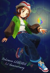  1girl :o absurdres anniversary belt blue_pants blue_shoes brown_belt brown_eyes brown_hair commentary_request copyright_name eyelashes full_body green_jacket harmony_(pokemon) hat highres jacket medium_hair mega_evolution_symbol open_clothes open_jacket open_mouth pants pokemon pokemon_legends:_z-a ribbed_socks saku06480514 shirt shoes sidelocks sneakers socks solo white_hat white_shirt white_socks 