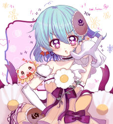  1girl absurdres aqua_hair blush bow commentary_request daisy_(flower) dress elbow_gloves flower flower-shaped_pupils flower_in_eye flower_ornament frilled_dress frills gloves hair_flower hair_ornament highres looking_at_viewer magical_daisy magical_girl mahou_shoujo_ikusei_keikaku mahou_shoujo_ikusei_keikaku_restart open_mouth palette_(mahoiku) pointing pointing_at_viewer pointing_forward purple_ribbon ribbon short_hair smile solo symbol-shaped_pupils symbol_in_eye usagi_satsuki violet_eyes white_flower white_gloves 