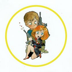  1boy 1girl assault_rifle brown_hair green_eyes gun highres holding holding_gun holding_weapon insignia military_uniform non-web_source rifle scan science_fiction self-scan signature venus_senki weapon yasuhiko_yoshikazu 