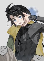  1boy \n/ black_bodysuit black_hair blue_eyes bodysuit bracelet covered_abs covered_pectorals green_jacket grey_background gundam gundam_tekketsu_no_orphans hand_up highres jacket jewelry male_focus mikazuki_augus notice_lines pants pectorals short_hair solo sumooo_(ga_ilil) toned toned_male tongue tongue_out upper_body 