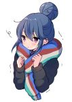  1girl blue_hair cold hair_bun jacket mint_(mintlemonade3) scarf shima_rin solo upper_body violet_eyes white_background yurucamp 